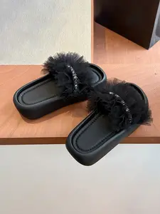 Women's Thick Sole Rhinestone Mesh Slipper, Lightweight Casual Fairy Style Sandal, Versatile One-Row Cool Drag Shoe