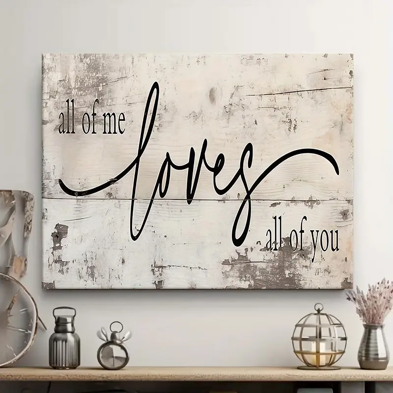 2D Flat, 1 Piece Romantic "All of Me, All of You" Canvas Poster, Quotes Print - Handwritten Love Letter Wall Decor with Textured Beige Background, Ready-to-Hang Horizontal Painting, for Living Room, Bedroom, Wedding, Valentine's Day Gift - Indoor/Outdo