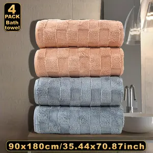Autumn and Winter New 4-Pack 90*180cm Taffeta Checkered Solid Color Jacquard Large Bath Towel High Absorbency, No Shedding Quick Dry Thickened Extended Extra Large Bathroom Set Family Pack Towels Suitable for Christmas Halloween Thanksgiving Easter