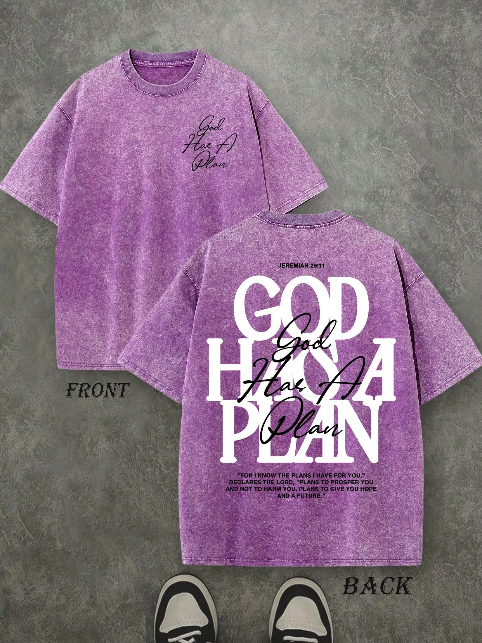 Vintage God Has A Plan Christian T‑Shirt, Jeremiah 29:11 Washed Purple Cotton Oversized Short Sleeve Tee, Retro Faith‑Based Casual Crewneck Shirt with Front & Back Print