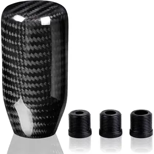 Wooden Grid Racing Carbon Fiber Gear Shift Knob Long Modified Carbon Fiber Vertical Gear Shift Knob Suitable for Most Automobile Belt 3 Adapters (Carbon Fiber Long, Black)