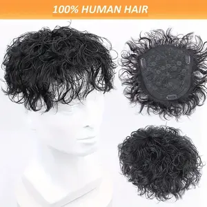 Fashionable New [Natural-Looking Hair Topper] Realistic Human Hair Topper for Men - Natural-Looking Curly Wave Hairstyle, No Glue Needed, for Balding/Thin Hair, Everyday & Special Events - Suitfor All Light Beige Tones - Hairstyle Enhancement