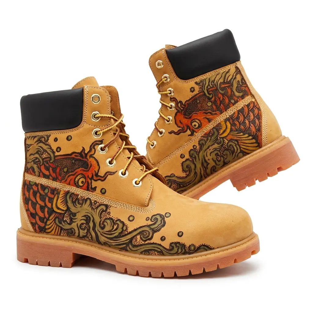 Handcrafted wood burning craft, colorfast, customizable. American work boots, men fashionable high-top boots, sturdy, durable outdoor hiking boots, street-style cowboy boots