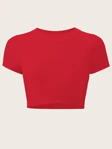 Women's Solid Round Neck Crop Tee, Casual Basic Short Sleeve Crew Neck T-shirt for Summer, Fashion Women's Top for Daily Wear
