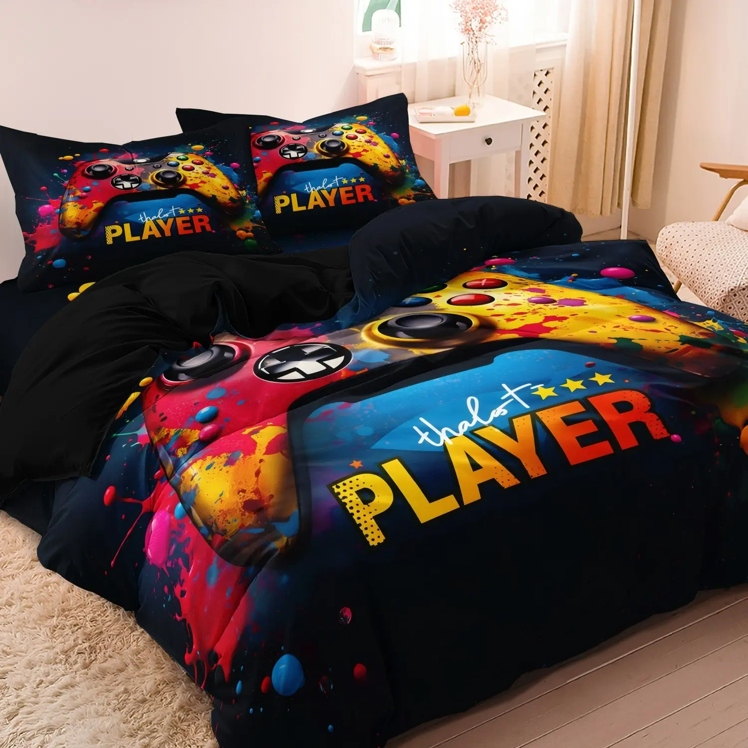 3pcs Color Graffiti Game Controller Printing Decorative Duvet Cover Set (1 Duvet Cover + 2 Pillowcase Without Pillow Insert), Soft Breathable HD Printing Printed Bedding Set Washable Covers For Home Dorm Decor