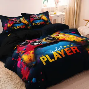 3pcs Color Graffiti Game Controller Printing Decorative Duvet Cover Set (1 Duvet Cover + 2 Pillowcase Without Pillow Insert), Soft Breathable HD Printing Bedding Set For Home Dorm Decor