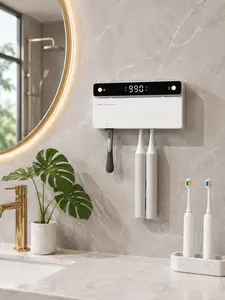 Smart UVC Toothbrush Sanitizer & Dryer, Wall-Mounted UV Sterilizer with Digital Display, No-Drill Bathroom Holder, Eliminates Germs & Moisture, Fits 5 Toothbrushes, Keeps Brushes Fresh & Mold-Free Sterilizing Mount