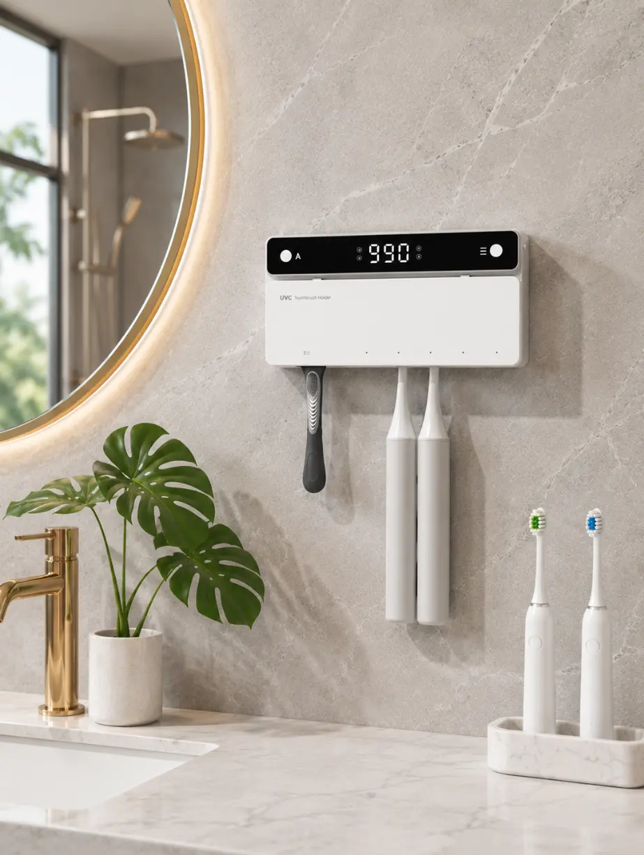 Smart UVC Toothbrush Sanitizer & Dryer - No-Drill Wall-Mounted Bathroom Accessory with Digital Display, Fits 5 Brushes, Eliminates Germs & Moisture, Keeps Fresh & Mold-Free, Modern Sterilizer Toothbrush Holders, Modern Toothbrush Holders