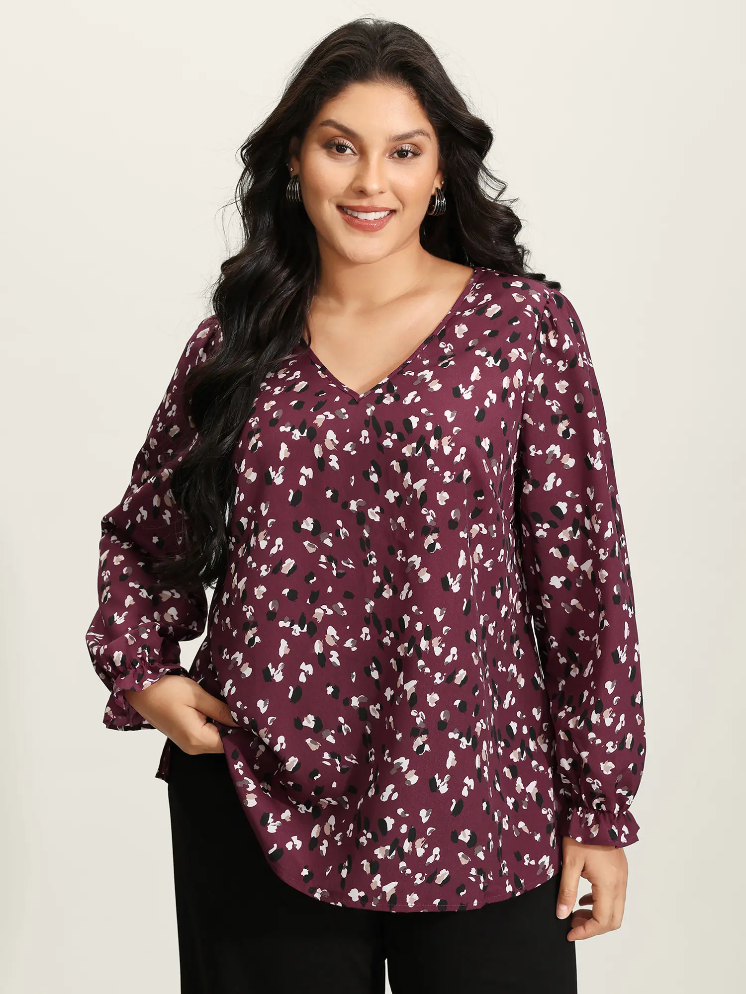 BloomChic Women's Plus Size V-Neck Animal Print Garment, a Regular Length Blouse for Office Wear with Gathered Lantern Sleeves and Slit Cuffs, Fabric