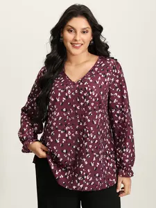 【Summer Turn-Up】【V-neck】BlOOMCHIC Plus Size Leopard Print Stretchy Cuff Sleeve Blouse Fit Vneck Womenswear Burgundy Tops rave outfits virginia fall shopping haul fall clothing [1x-6x] 2026 Summer Pick for Mother's Day