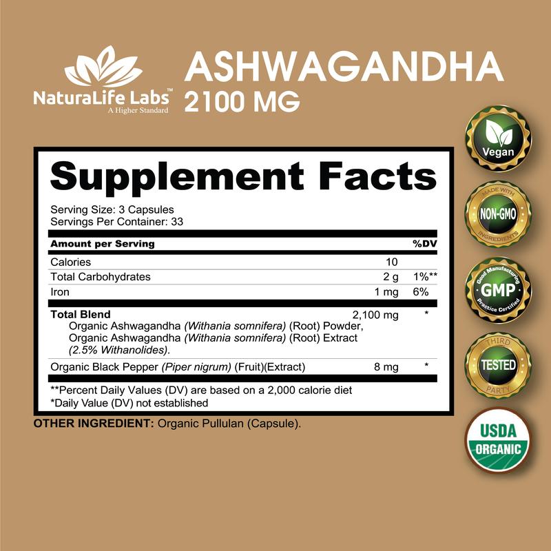 Organic Ashwagandha 2,100 mg per serving Organic Ashwagandha Powder and Root Extract - 100 Vegan Capsules