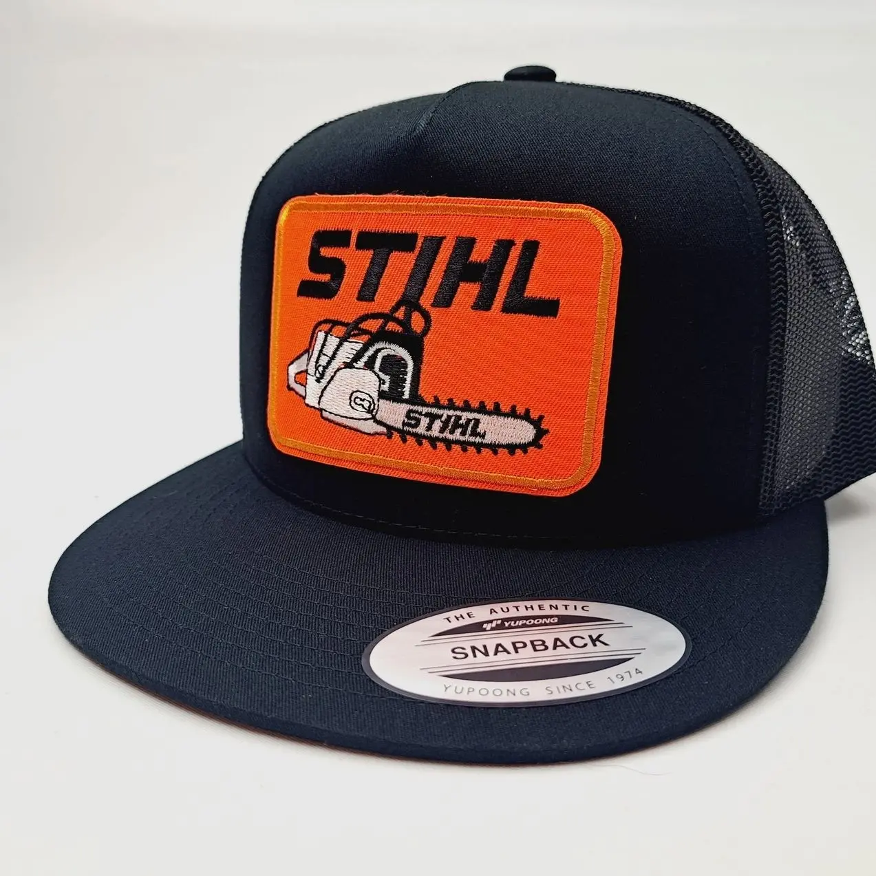 Stihl Embroidered Patch Flat Bill Trucker Mesh Snapback Hat Cap and Adjustable Fit for Men and Women