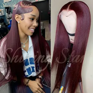 Shining Star Dark Burgundy Red 99J Colored Straight 13x6 Lace Frontal Human Hair Wigs Pre Plucked Brazilian Remy 13x4 Lace Front Wigs For Women