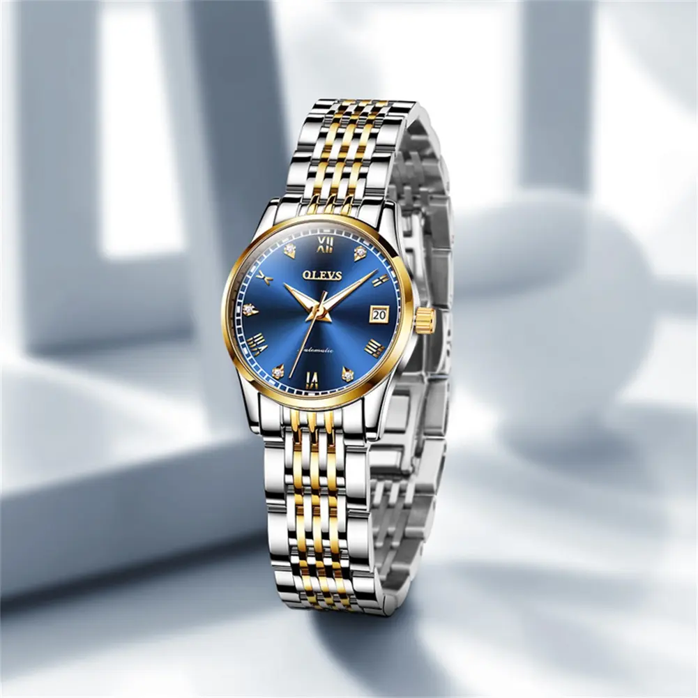 OLEVS L6602 Women's Fashion Automatic Watch Luxury Stainless Steel Band Waterproof Luminous Royal Blue Dial Diamond Markers Day Date Window Self Winding Mechanical Wristwatch Trendy Dress Clock Anniversary Birthday Gift Box Set for Her