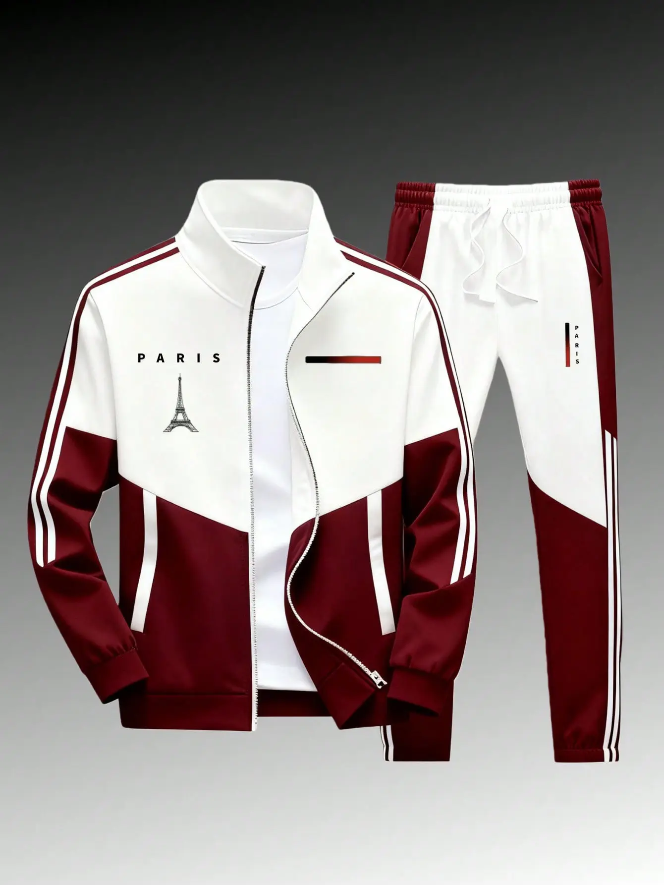 Men's 2-Piece Paris Logo Sportswear Set - Sports Outerwear Jacket & Jogging Pants, Geometric Print, Stand-Up Collar, Zipper Closure, Color-Matching Design, All-Season Streetwear Fashion Apparel Clothes Suits