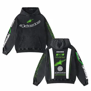 Retro Green Alpinestars Kawasaki Racing Washed Hoodie Rebel8 MotoGP World Champion Enthusiast Apparel Streetwear Akrapovic Shoei Helmet Racing Team Super Motorsports Clothing Riders Motocross Off-Road Dirt Bike Fan Gear Cotton For Moto Fan Menswear Long S