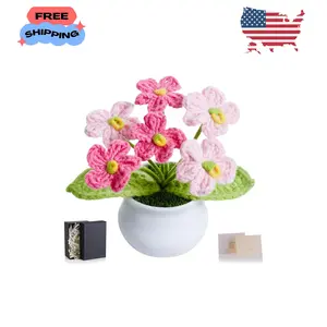 Crochet Flowers Pink Handmade Knitted Potted Flower for Mom, Thank You Appreciation Gift