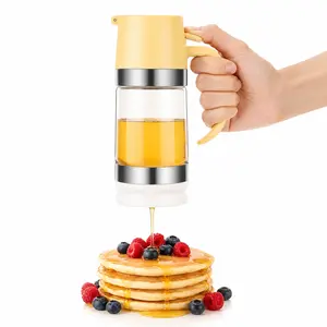 No Drip Glass Honey Dispenser, 9 OZ Honey Pot with Handle, Leakproof Maple Syrup Dispenser for Coffee, Tea, Pancakes, Breakfast, Yellow, 1 Pack