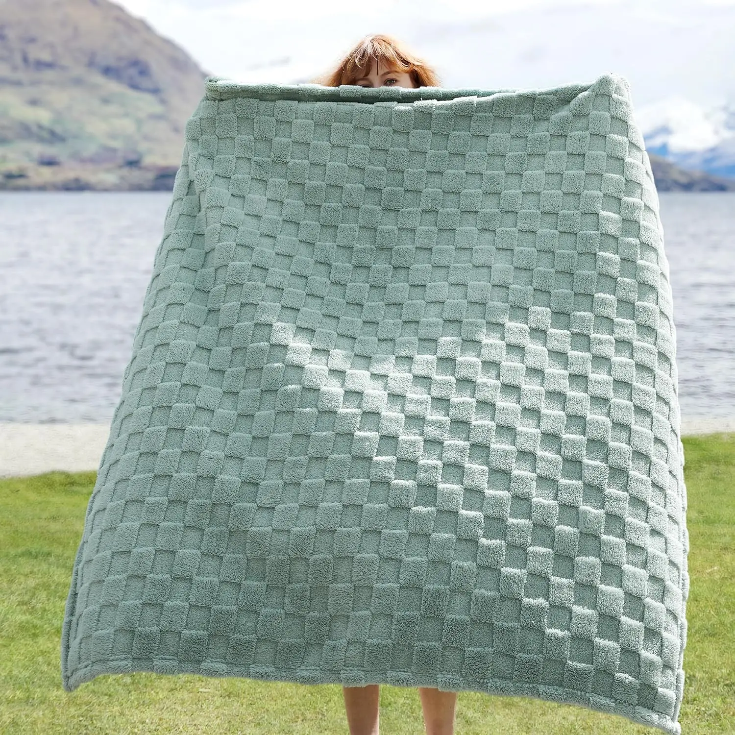 Sage Green Checker Throw Blanket for Women, 50x60 Inches, Durable Couch Throw, Machine Washable