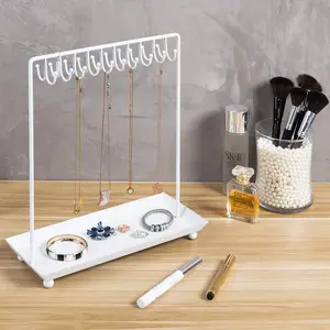 14 Inch 20-Hook White Metal Necklace Display Organizer with Ring Tray