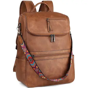 Laptop Backpack for Women Leather Travel Backpack with Laptop Compartment, Designer Ladies  Backpacks Brown