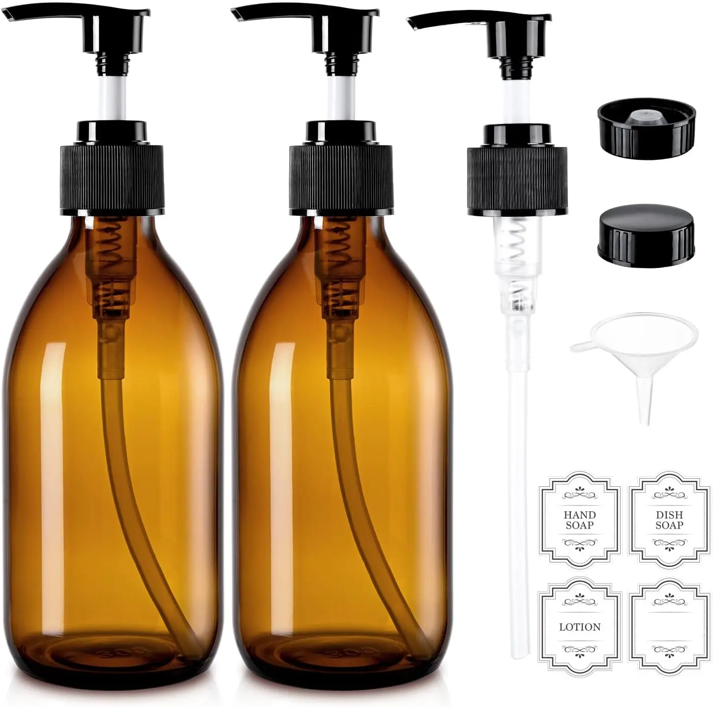 10 oz Small Amber Glass Soap Dispenser with Pump, Glass Pump Bottle for Lotion Body Oil, 300ml Hand and Dish Soap Dispensers Set with Storage Caps, Labels - 2 Pack