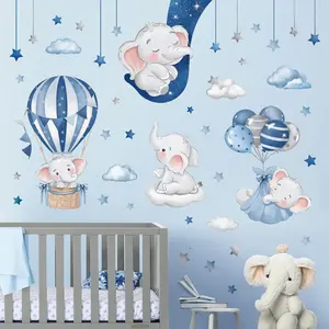 Blue Grey Sleeping Elephant Wall Decals Hot Air Balloon Moon Clouds Stars Wall Stickers    Bedroom  Wall Decor