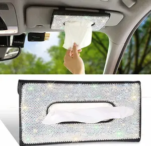 Car Tissue Box Sun Visor Tissue Holder Leather Tissue Storage Rack,Hanging Car Tissue Holder Car Decor Interior Accessories Best Gift for Men Women(with Bling Crystal Diamond)
