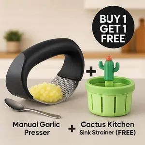 Stainless Steel Garlic Press Rocker Get free Cactus Sink Strainer, Non-Slip, Heavy-Duty Hand Garlic Crusher & Mincer Kitchen Gadget, Easy Clean Garlic Press Tool for Home Cooking, Must Have Kitchenware & Household, Utensils Black