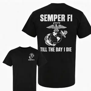 USMC Marine Corps, Semper Fi Till The Day I Die, Veteran Military Pride, Double Printed Oversize Lightweight Acid Washed Tee Hoodie Sweater Patriotic Graphic Design Top Cotton Streetwear