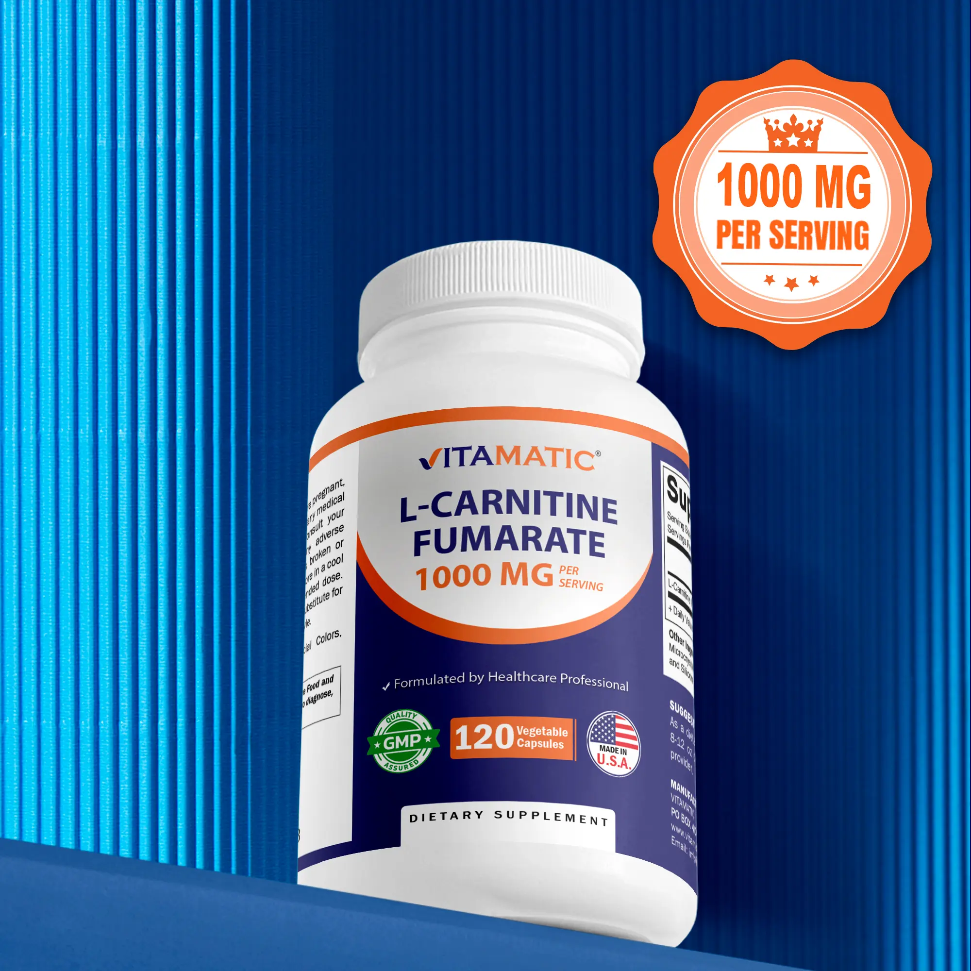 Vitamatic L-Carnitine Fumarate 1000mg Cellular Energy Supplement - 120 Vegetarian Capsules, Fitness Training Support, Self Care Products for Wellness