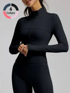 Women's Solid Color Thumb Hole Design Long Sleeve Sports Jacket, High Stretch Comfortable Breathable Zip Up Stand Collar Athletic Outerwear for Yoga Gym Workout, Ladies Sportswear for All Seasons Workout Clothes
