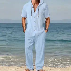 Men's 2-Piece Menswear Set - Hooded Short-Sleeve Plain Button-Up Shirt & Elastic Waist Drawstring Wide-Leg Trouser, Lightweight Breathable Linen-Blend Summer Loungewear for Beach Trips & Casual Daily Wear