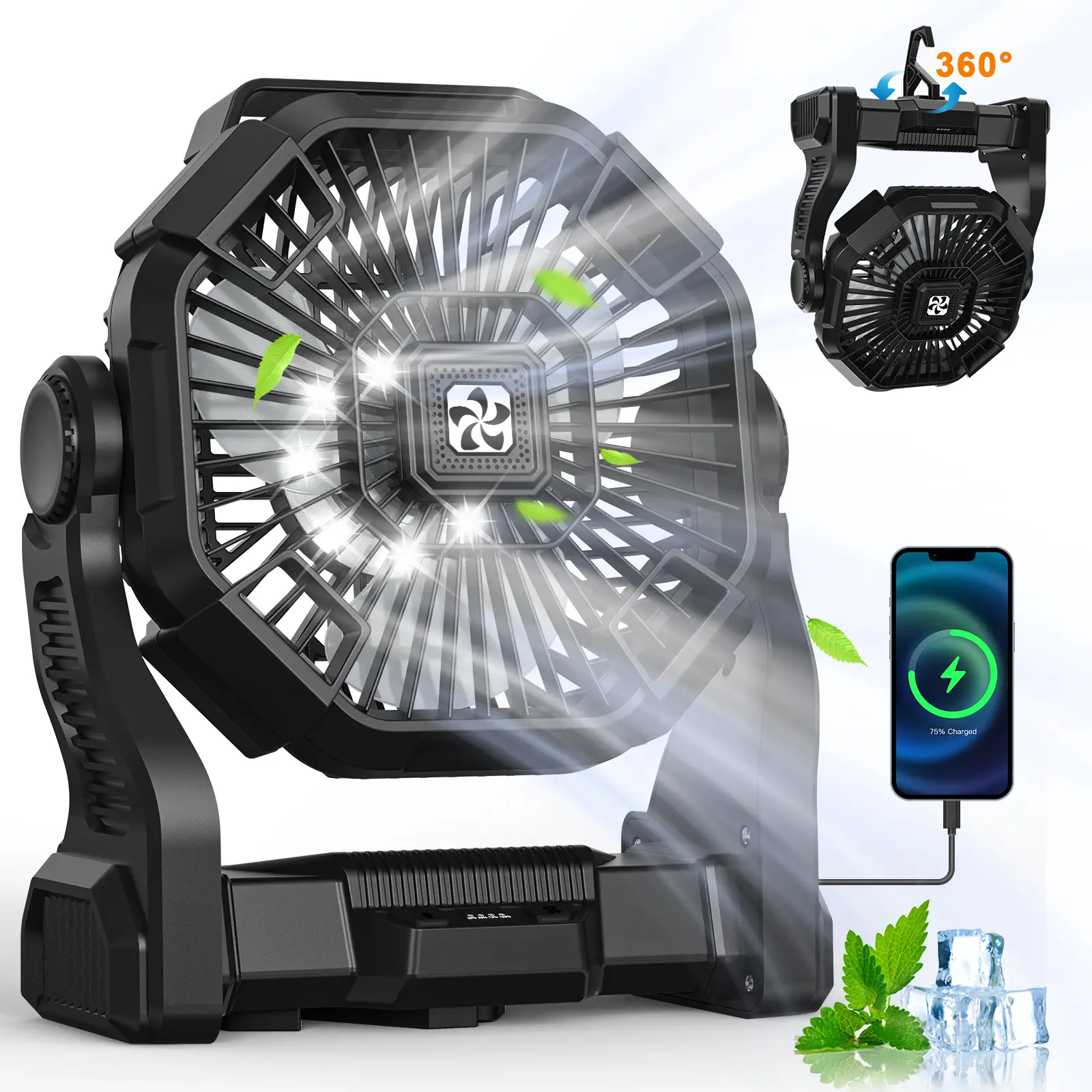 DOVILUXE 25400mAh 3-in-1 Portable Camping Fan: LED Light, Phone Charger, 4-Speed Fan & 360° Rotation - Rechargeable Battery for Camping, Travel & Powe