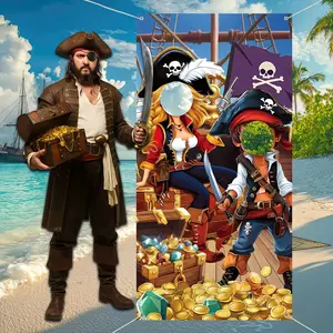 One 2D flat piece, pirate theme with ship and treasure pattern hollowed-out human face photo frame, Includes pirate party banner decoration, facial photography background, treasure hunt party birthday decoration items, Party decoration supplies