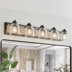 40" Farmhouse Vanity Light Fixture, 5-Light Bathroom Wall Sconce with Clear Seeded Glass Shades, Black and Wood Grain Finish, Modern Industrial Design for Bathroom or Powder Room (No Bulbs)