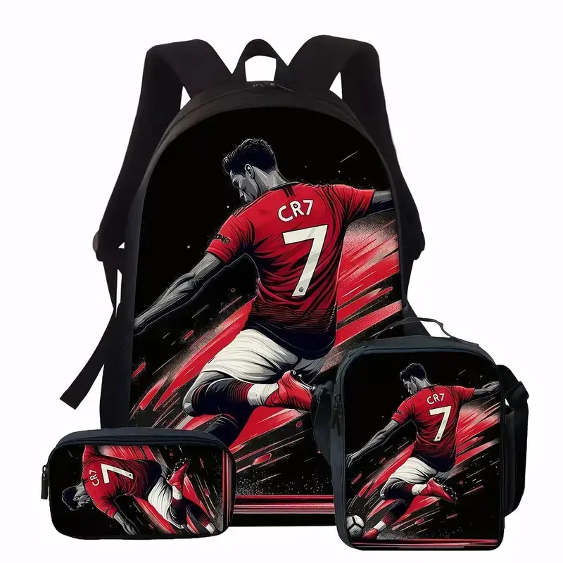 CR7 Soccer Star Graphic 3Pcs Backpack Set, Football Fan Teen Student School Bag Lunch Bag Pencil Case, Back To School Supplies, Cool Birthday Holiday Gift For Football Lover Boys Girls Friends Family
