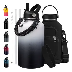 64 oz Leak Proof Stainless Steel Flask Water Bottle - Insualted Water Bottles with Straw Flex Lid, Survival Paracord, Shoulder Carrier Bag, Metal Hydro Water Flask Mug Sports Hiking Cycling Work