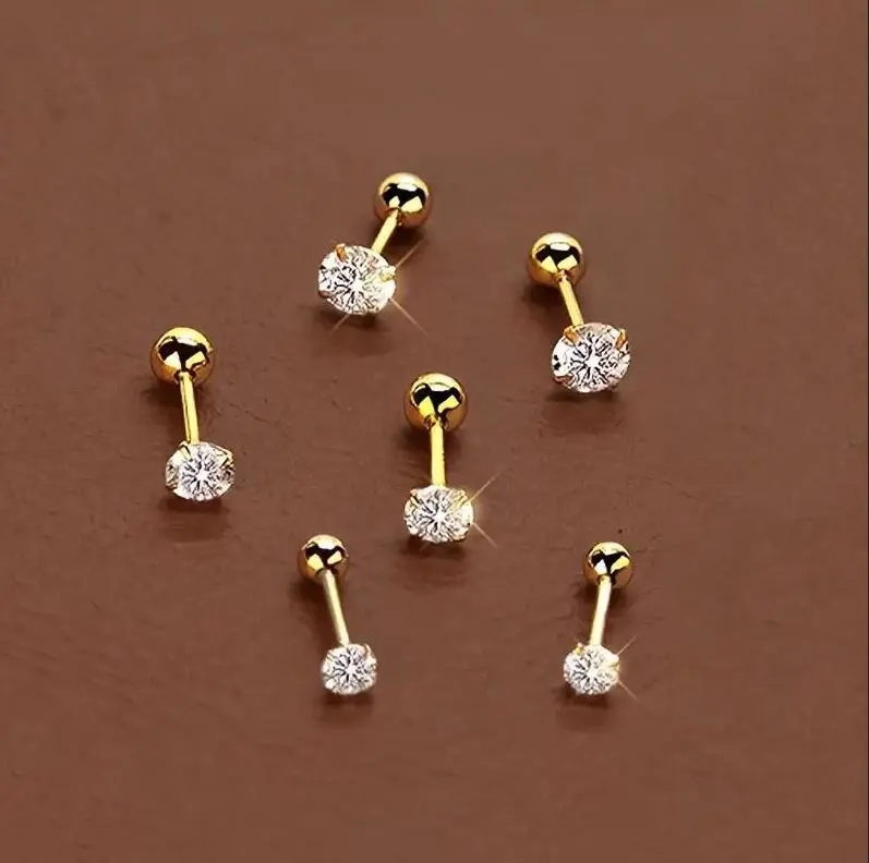 Gold-Plated Stud Earrings Set of 3 Pairs for Women, Minimalist 4-Prong Round Brilliant Cubic Zirconia in Graduated Sizes, Brilliant Stud Earrings