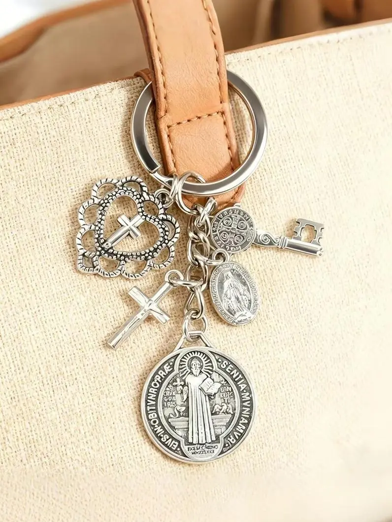 St Benedict Medal Keychain, Catholic Religious Key Ring, Cross Heart Charm Key Holder, Faith Protection Gift for Men Women