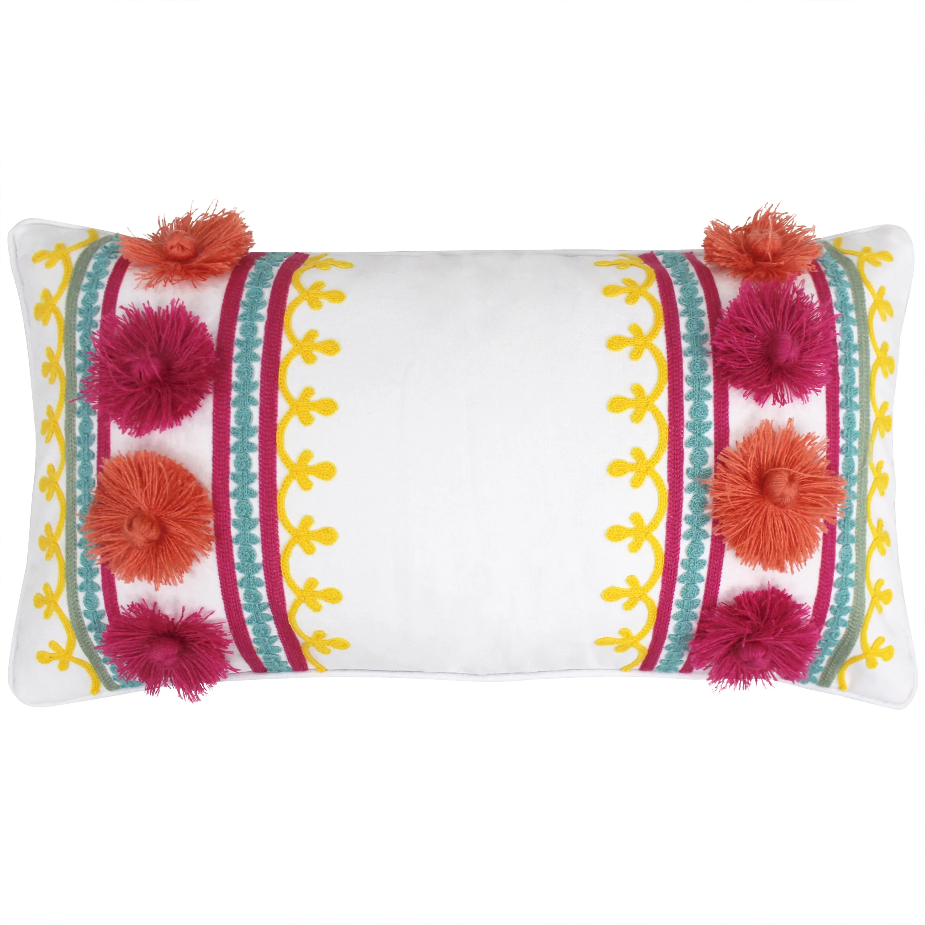 Grandiflora Embroidered Tassel Pillow - 24x12in Pre-Filled Soft Feather Inner, Bold-Colored Embroidery, Tassels