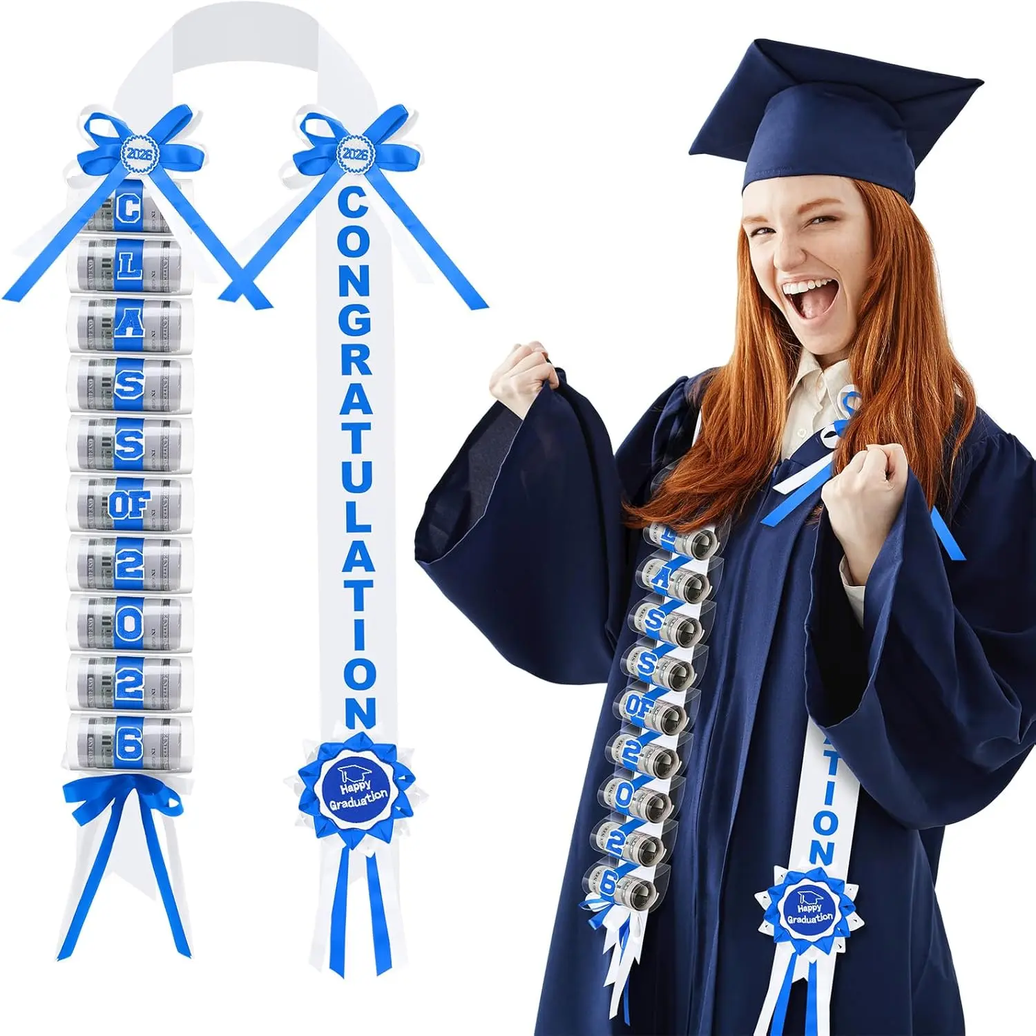 Classic Blue and White Class of 2026 Graduation Money Lei with Ribbon, Cash Holder, Congratulatory Cash Gift for Senior High School Graduates, Party Supplies, No