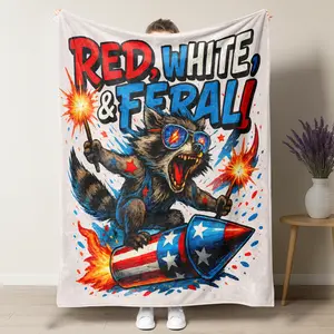Red White & Feral Patriotic Raccoon Flannel Summer Blanket,Lightweight 4th of July Throw,Breathable Fireworks Raccoon Blanket For Summer Parties