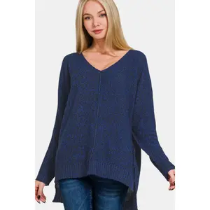 Zenana High-Low Center Seam V-Neck Sweater