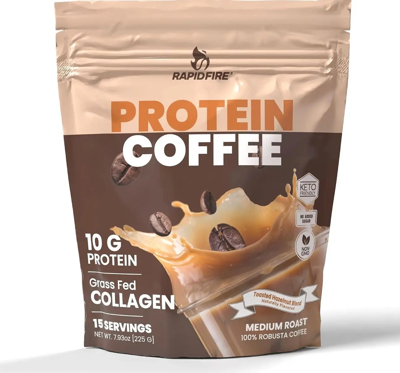 Protein Coffee, with 10g of Protein with Collagen, Promotes Muscle Growth, Supports Energy, Hot or Cold, Keto Friendly, 100% Robusta Coffee, 15 Servings, Hazelnut Flavor, Medium Roast