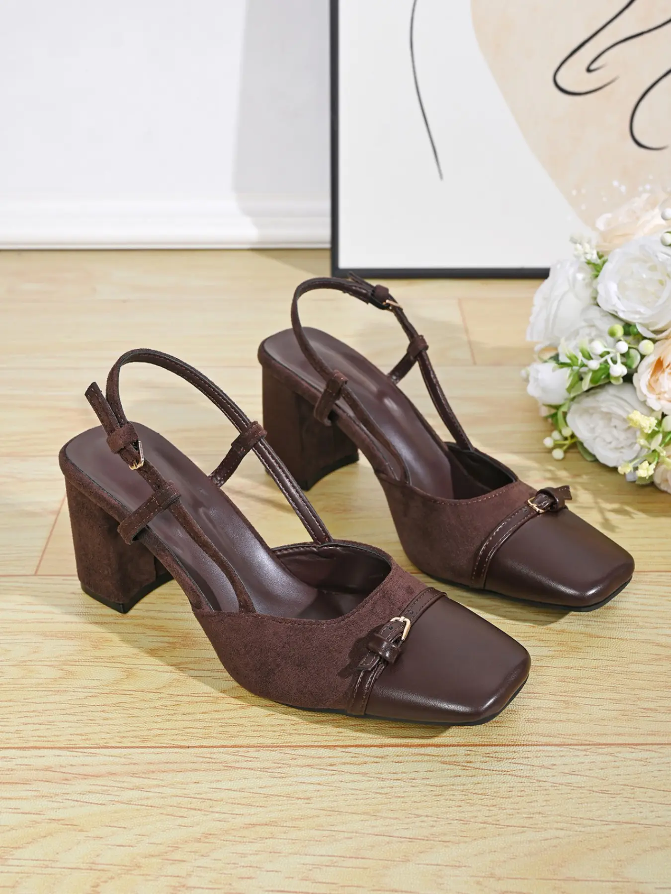 Vintage Patchwork Square Toe Thick Heel Mary Jane Shoes, Sandal, Fashionable Heeled Sandals, Versatile Commuter Style, Perfect for Daily Wear and Office