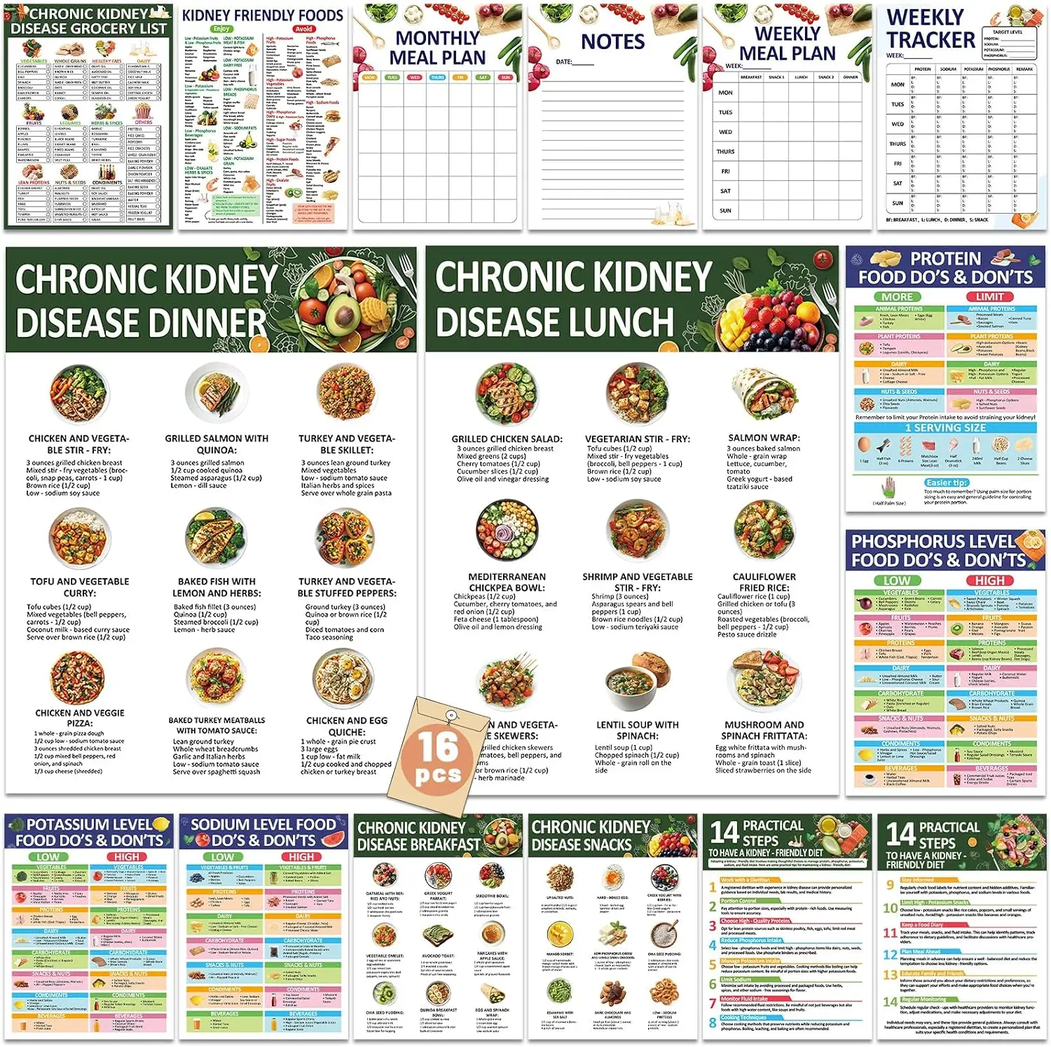 16Pcs Kidney Friendly Food List Chart Poster for Chronic Kidney Disease Food Chart Renal Diet Guide High Protein Low Potassium Foods List Posters for Beginners Diet Plan and Kidney Awareness Supplies