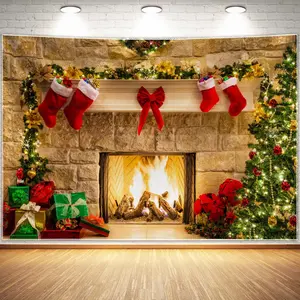 Christmas Fireplace Backdrop Wall Hanging – Cozy Xmas Tree and Stockings Photography Background for Holiday Party, Studio, or Home Decor