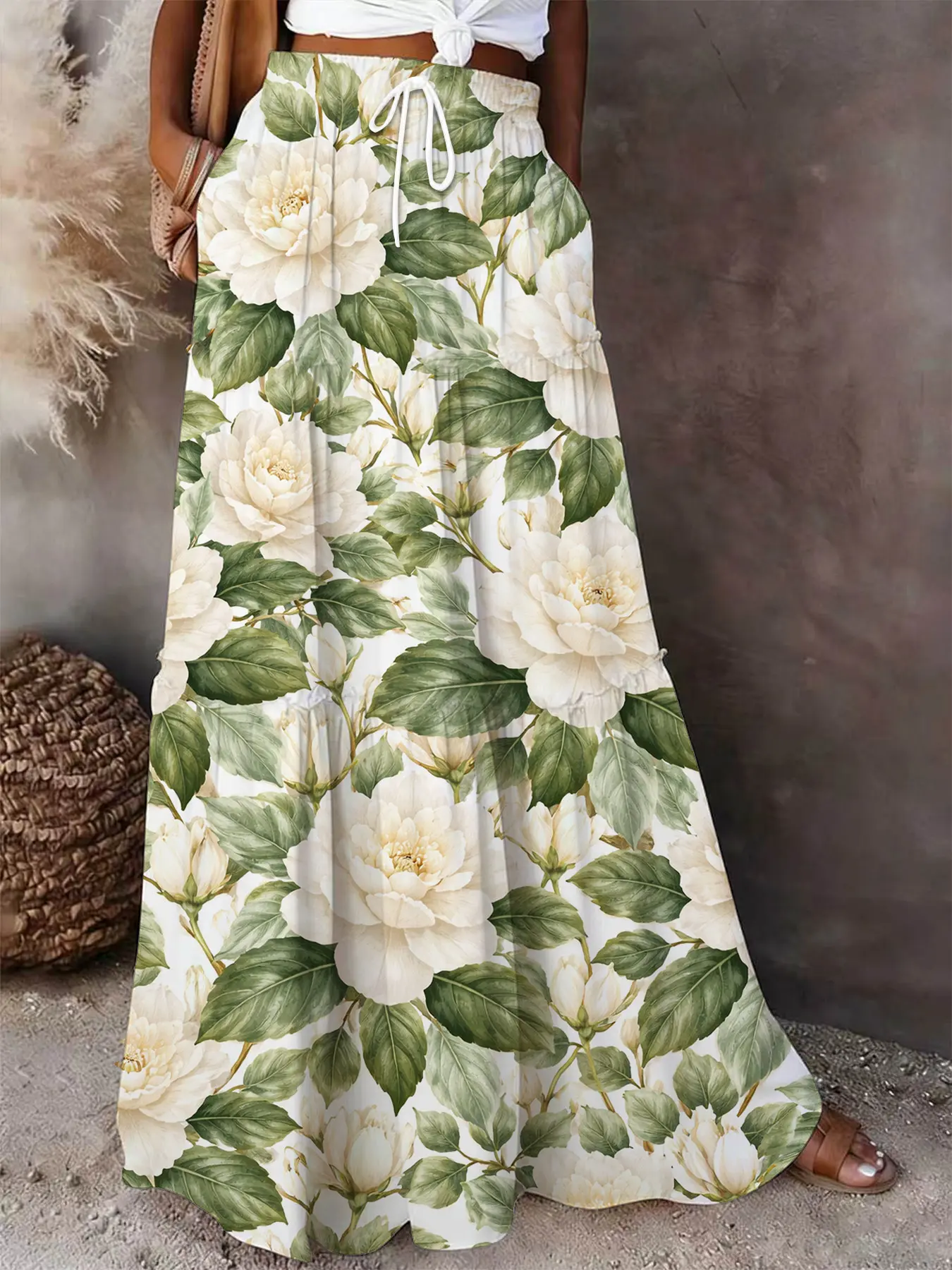 Vintage White Camellia Floral Maxi Skirt | Elegant Boho Tiered Skirt