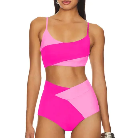 Aleumdr Women's 2-Piece Breathable Beachwear Swimsuit Set - Sewn-In Padded Push Up Bra Top with Color-Block Scoop Neck, Adjustable Straps, High Waisted Bottoms, Stretch Quick-Dry Fabric for Yacht Gatherings